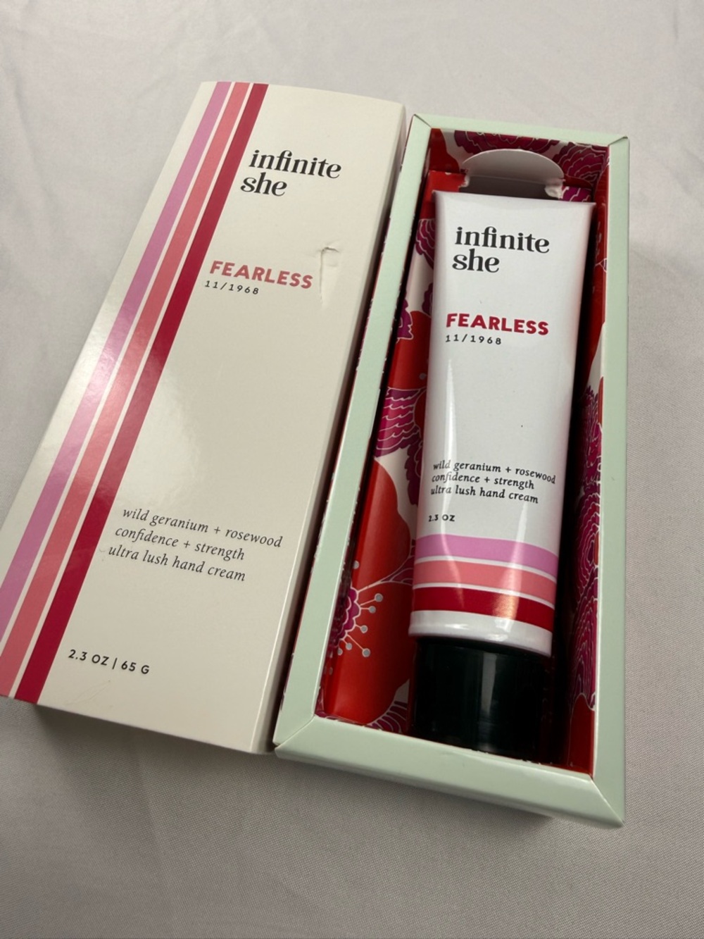 Infinite She Fearless Hand Cream NEW Rosewood Moisturizing Lotion Damaged Box